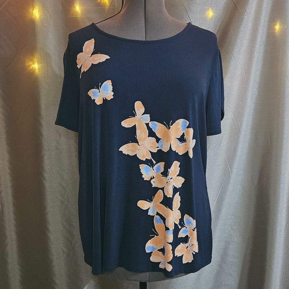 Elle, Navy, Peach Butterly Pattern, Short Sleeve, Top, Size: XXL